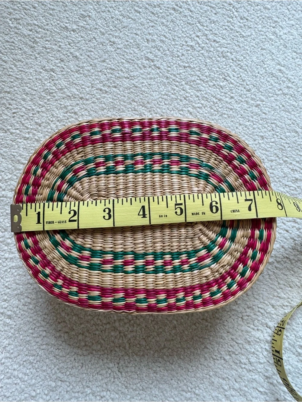 Handwoven Natural Straw Basket with Pink & Green Accents